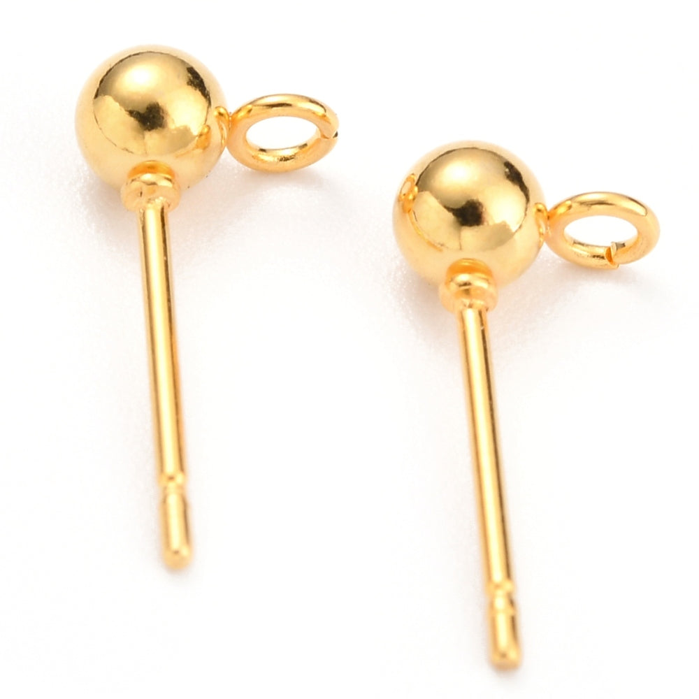 316 Surgical Stainless Steel Ball Stud Gold Earring Post, Horizontal Loop - 50 pieces