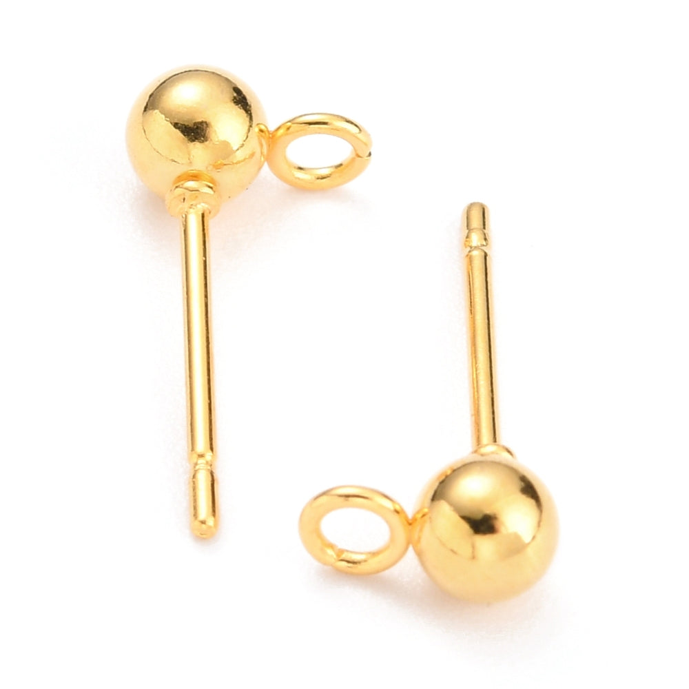 316 Surgical Stainless Steel Ball Stud Gold Earring Post, Horizontal Loop - 50 pieces